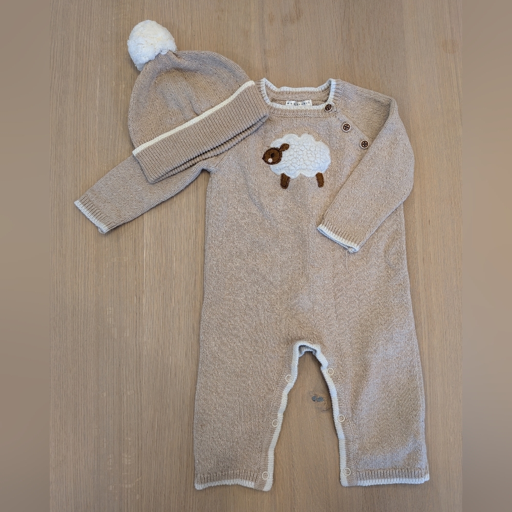 Max Studio Beige Knit Baby Footie with Sheep Design and Matching Hat